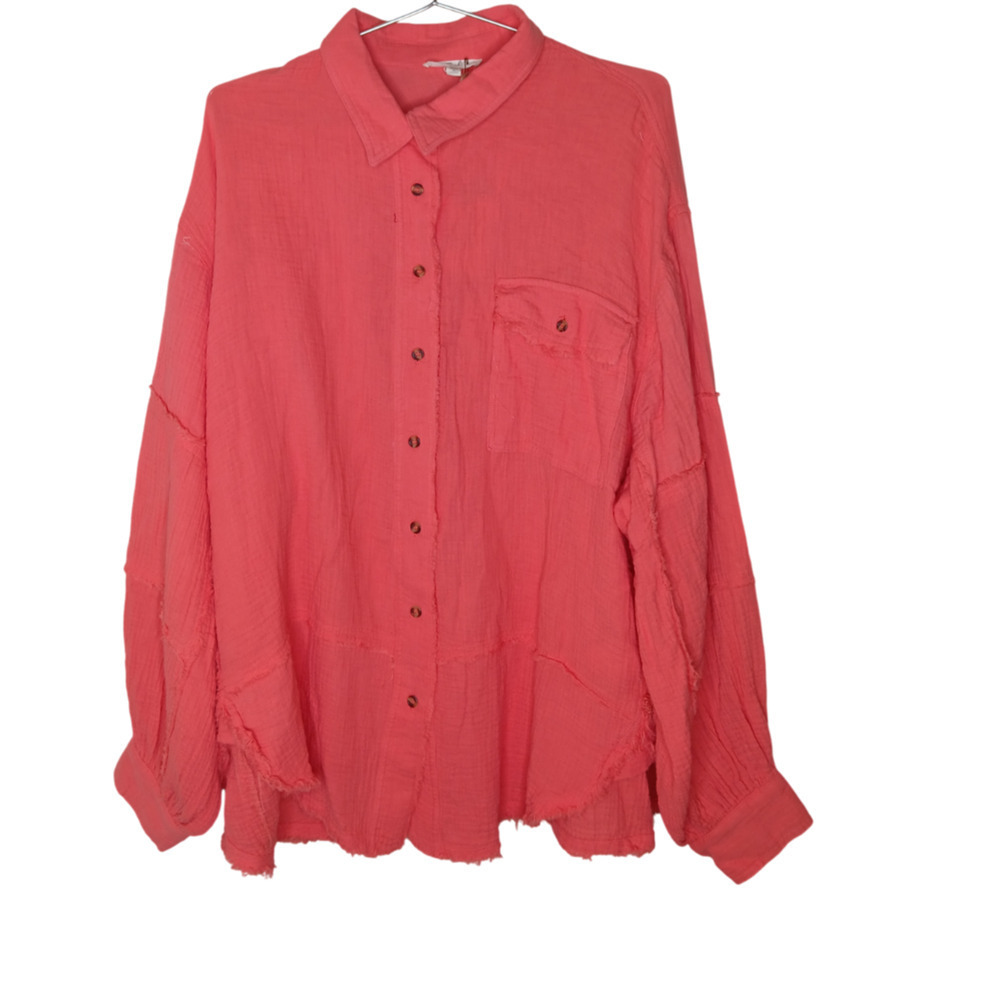 New Easel Los Angeles 2X Coral Pink Gauze Cotton Button Front Top Oversized - Picture 3 of 16